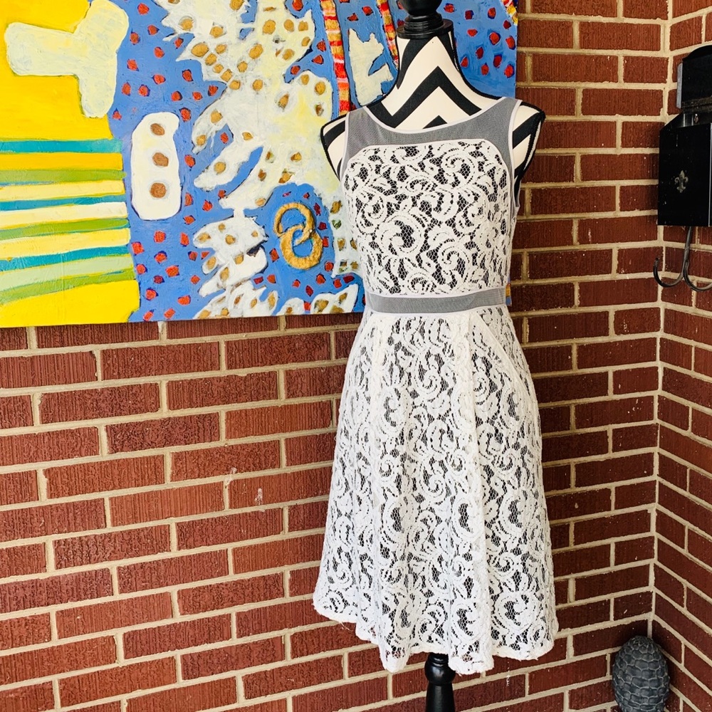 Adrianna Papell White Lace & Black Underlay Dress